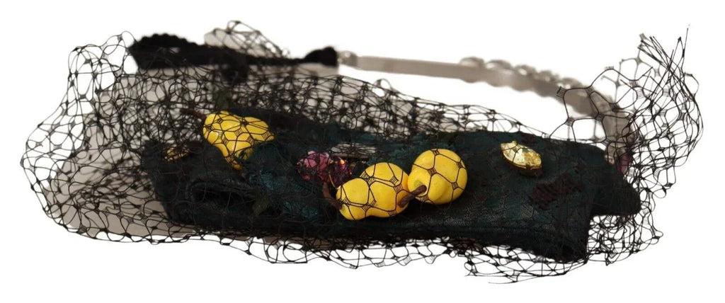 Dolce & Gabbana Silver Tiara Crystals Fruits Black Mesh Diadem Headband - Zeiniez