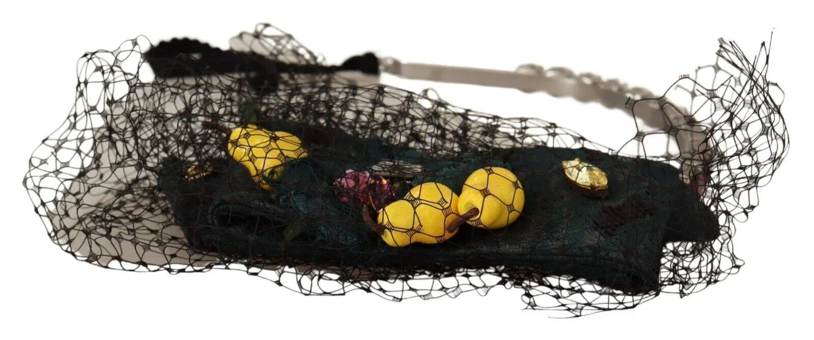 Dolce & Gabbana Silver Tiara Crystals Fruits Black Mesh Diadem Headband - Zeiniez