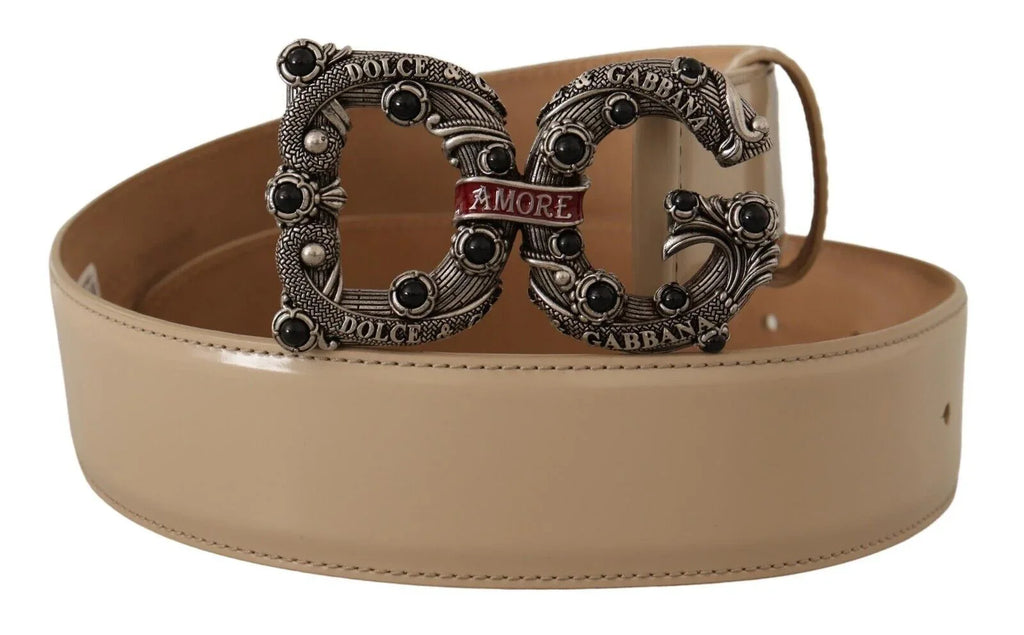 Dolce & Gabbana Beige Leather Silver Logo Buckle Amore Belt - Zeiniez