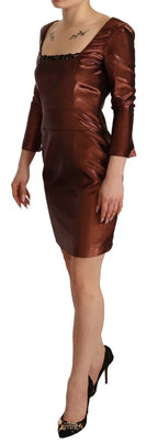 GF Ferre Metallic Brown Long Sleeves Square Neck Sheath Dress - Zeiniez