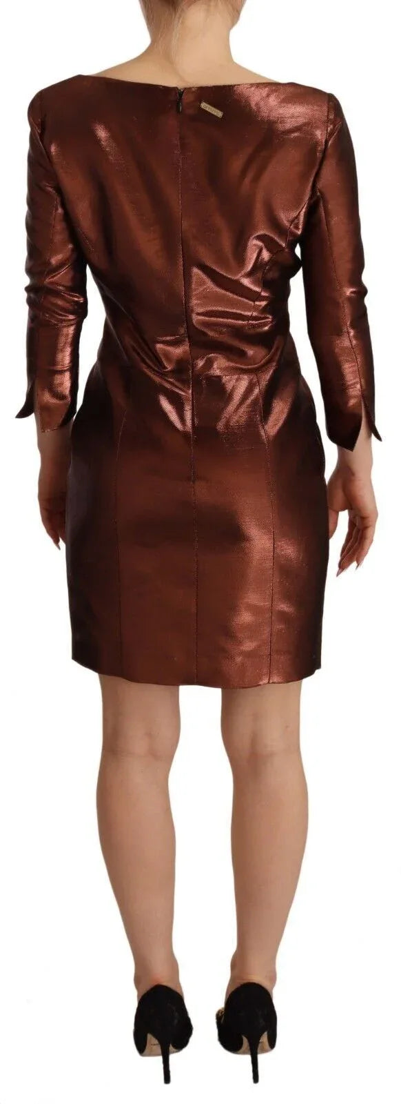 GF Ferre Metallic Brown Long Sleeves Square Neck Sheath Dress - Zeiniez