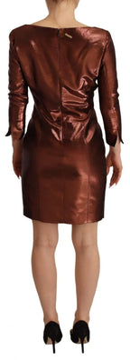 GF Ferre Metallic Brown Long Sleeves Square Neck Sheath Dress - Zeiniez