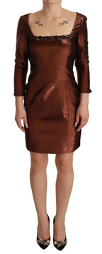 GF Ferre Metallic Brown Long Sleeves Square Neck Sheath Dress - Zeiniez