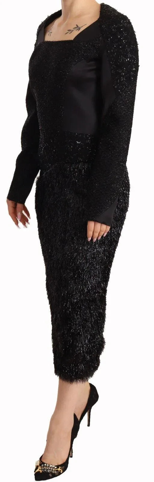 Masha Ma Black Studs Embellished Long Sleeves Sheath Midi Dress - Zeiniez
