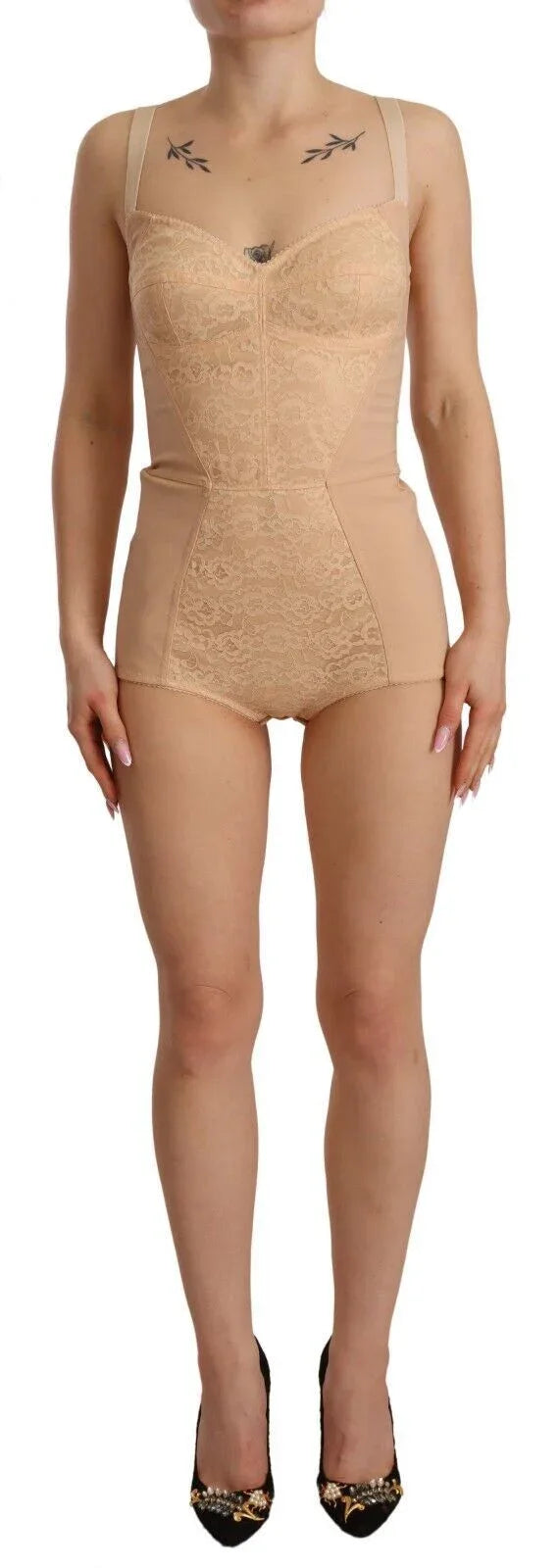 Dolce & Gabbana Beige Nylon Floral Lace Bodysuit Underwear - Zeiniez