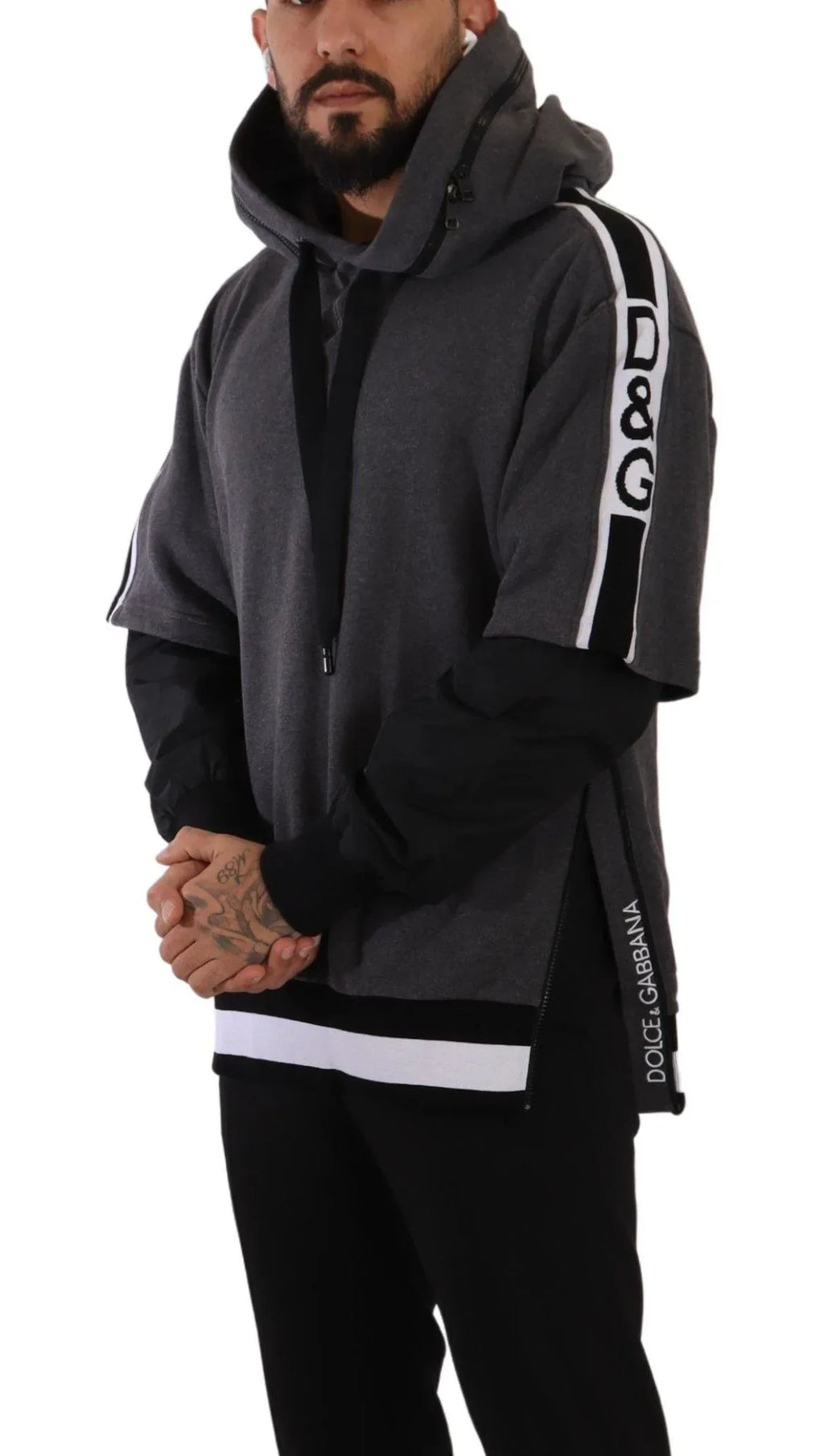 Dolce & Gabbana Gray Black Cotton Hooded #DGMILLENNIALS Sweater - Zeiniez