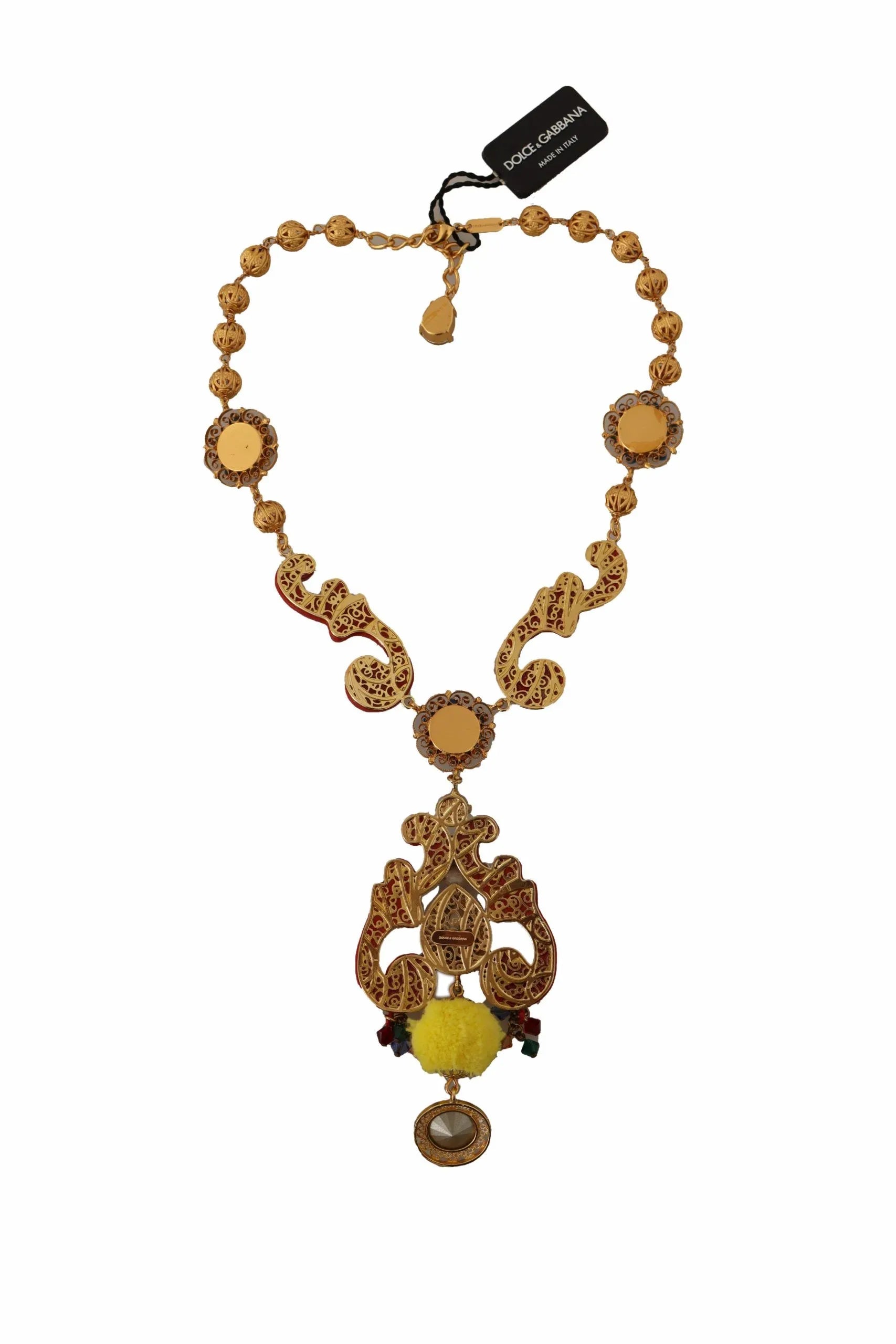 Dolce & Gabbana Gold Brass Carretto Sicily Statement Crystal Chain Necklace - Zeiniez