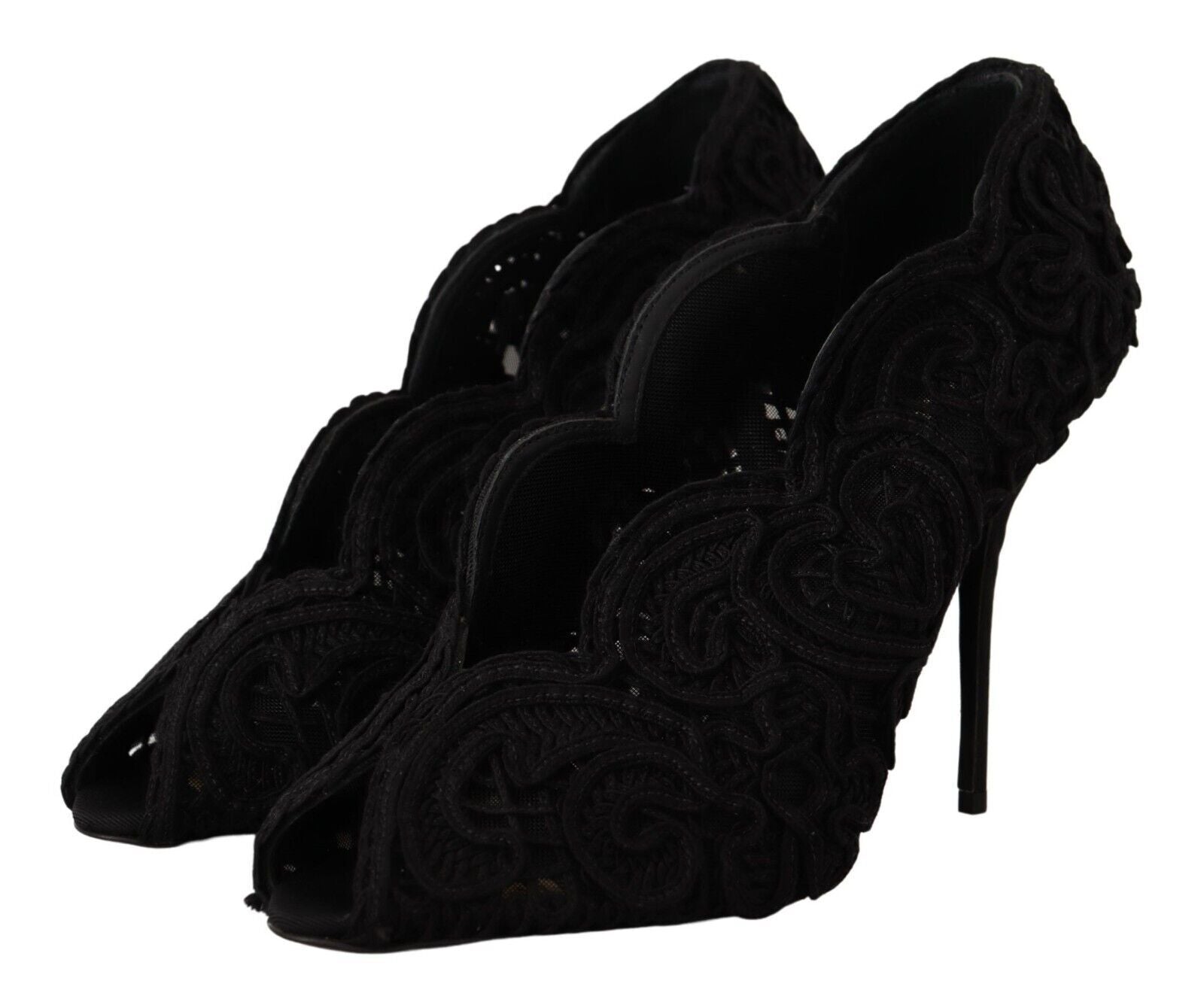 Dolce & Gabbana Black Cordonetto Ricamo Pump Open Toe Shoes - Zeiniez