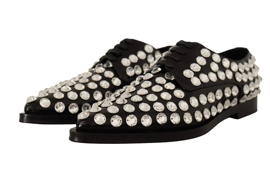 Dolce & Gabbana Black Leather Crystals Lace Up Formal Shoes - Zeiniez