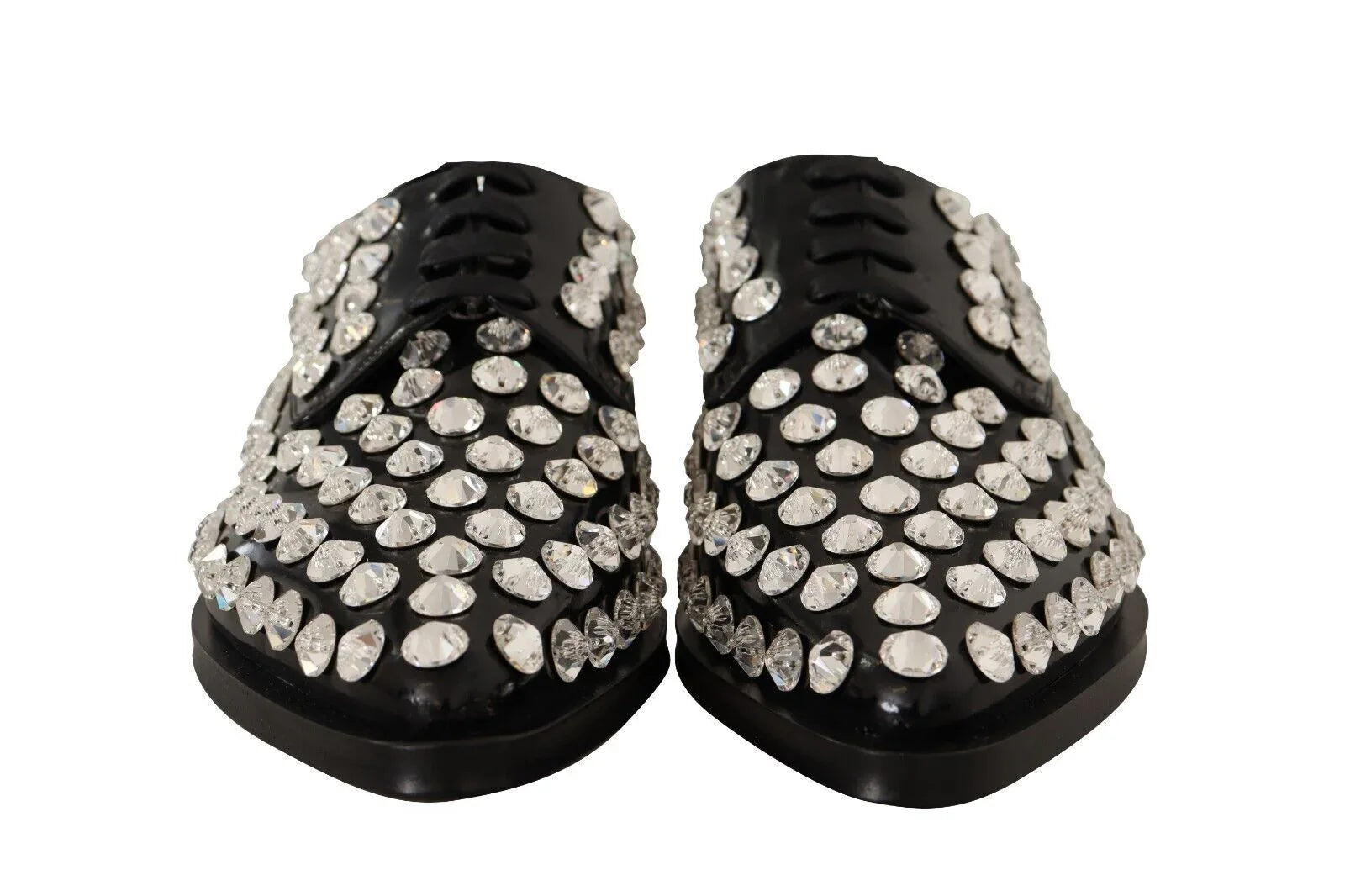 Dolce & Gabbana Black Leather Crystals Lace Up Formal Shoes - Zeiniez