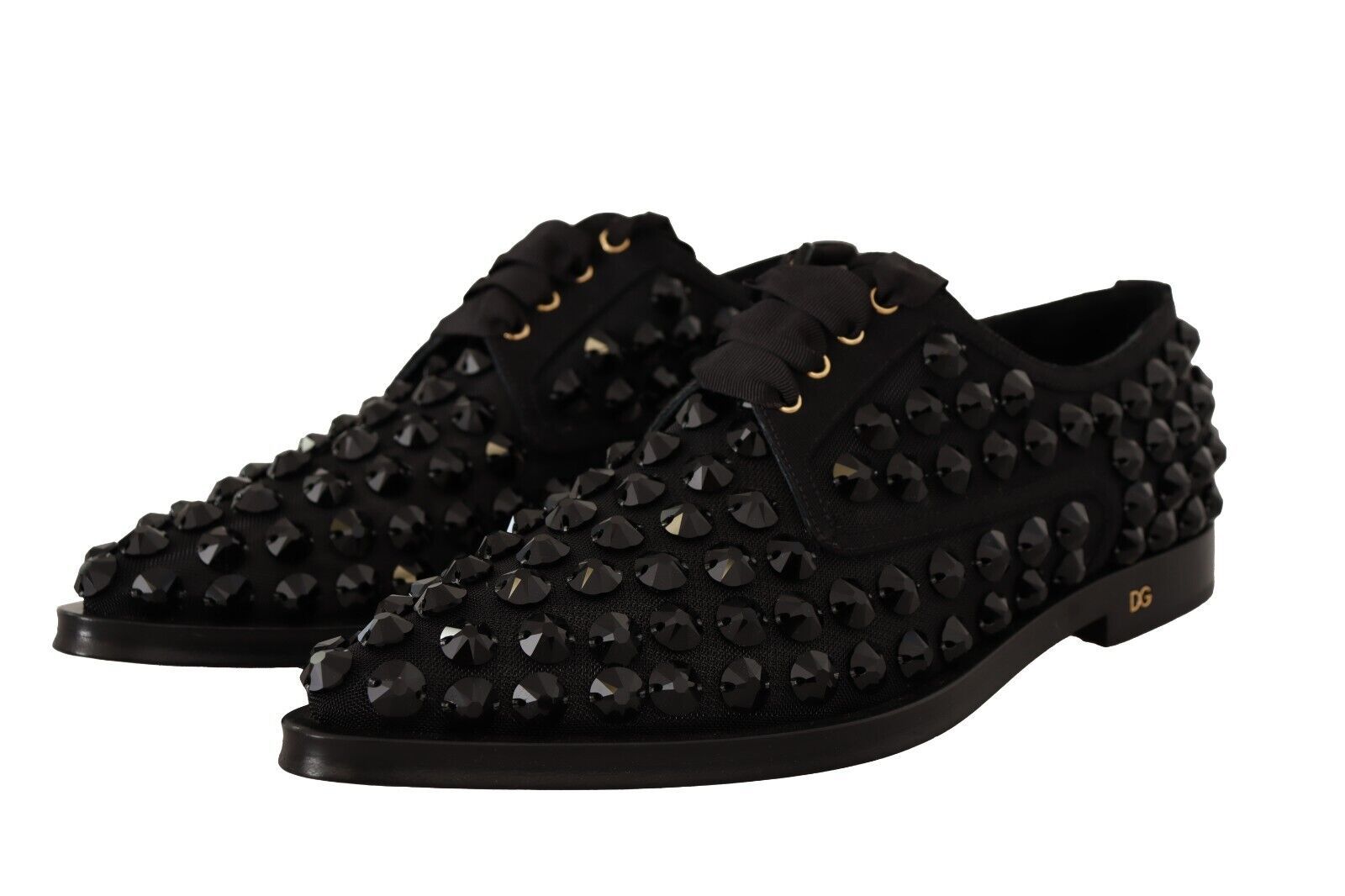 Dolce & Gabbana Black Lace Up Studded Formal Flats Shoes - Zeiniez