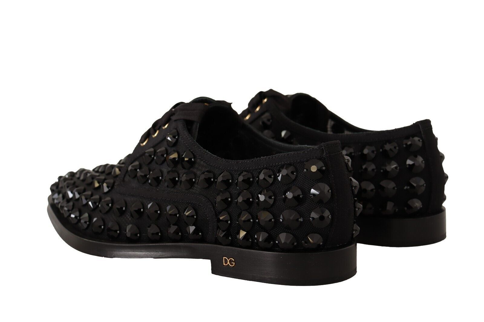 Dolce & Gabbana Black Lace Up Studded Formal Flats Shoes - Zeiniez
