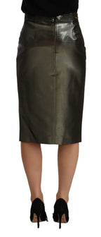 GF Ferre Metallic Gray High Waist Pencil Midi Skirt - Zeiniez