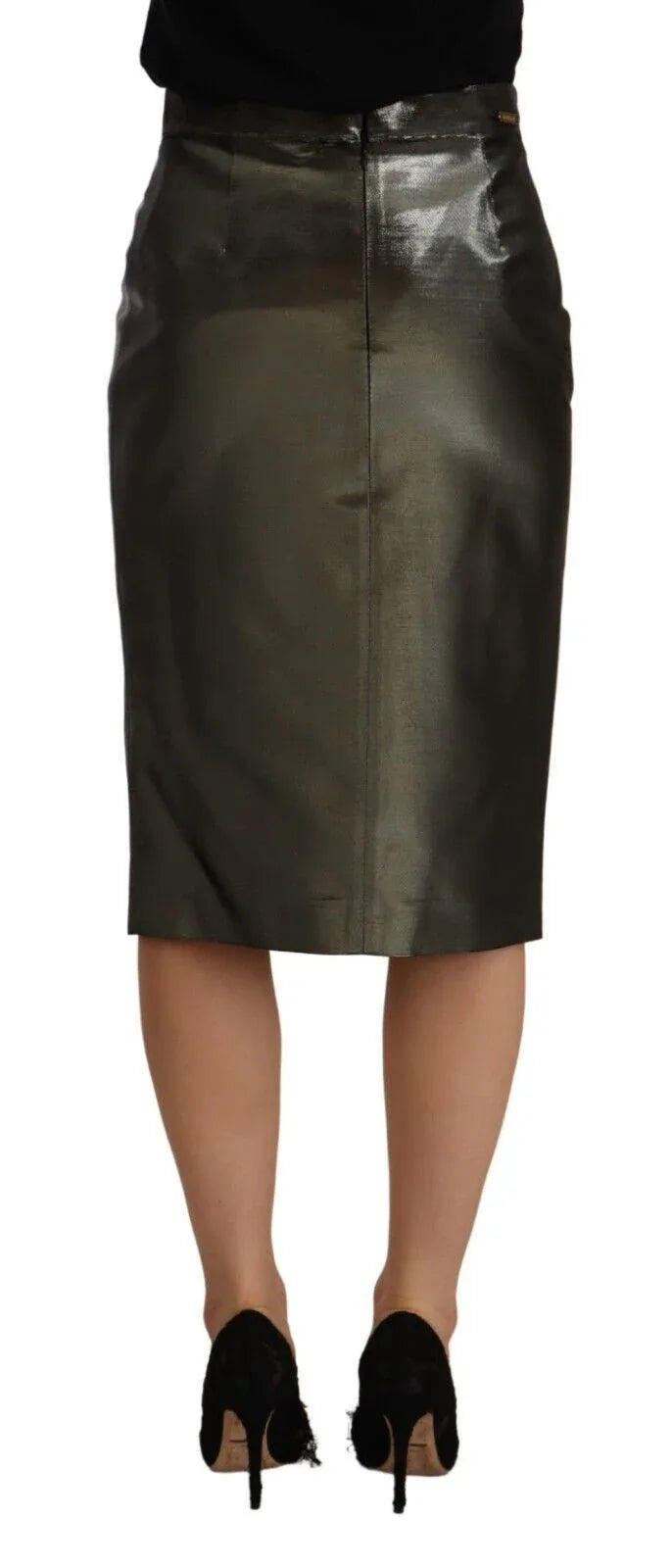 GF Ferre Metallic Gray High Waist Pencil Midi Skirt - Zeiniez