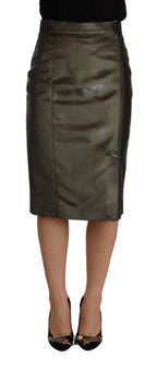 GF Ferre Metallic Gray High Waist Pencil Midi Skirt - Zeiniez