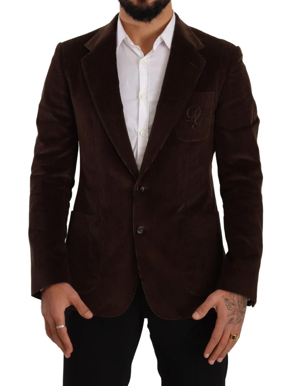 Dolce & Gabbana Brown Corduroy Slim Fit Coat DG Logo Blazer - Zeiniez