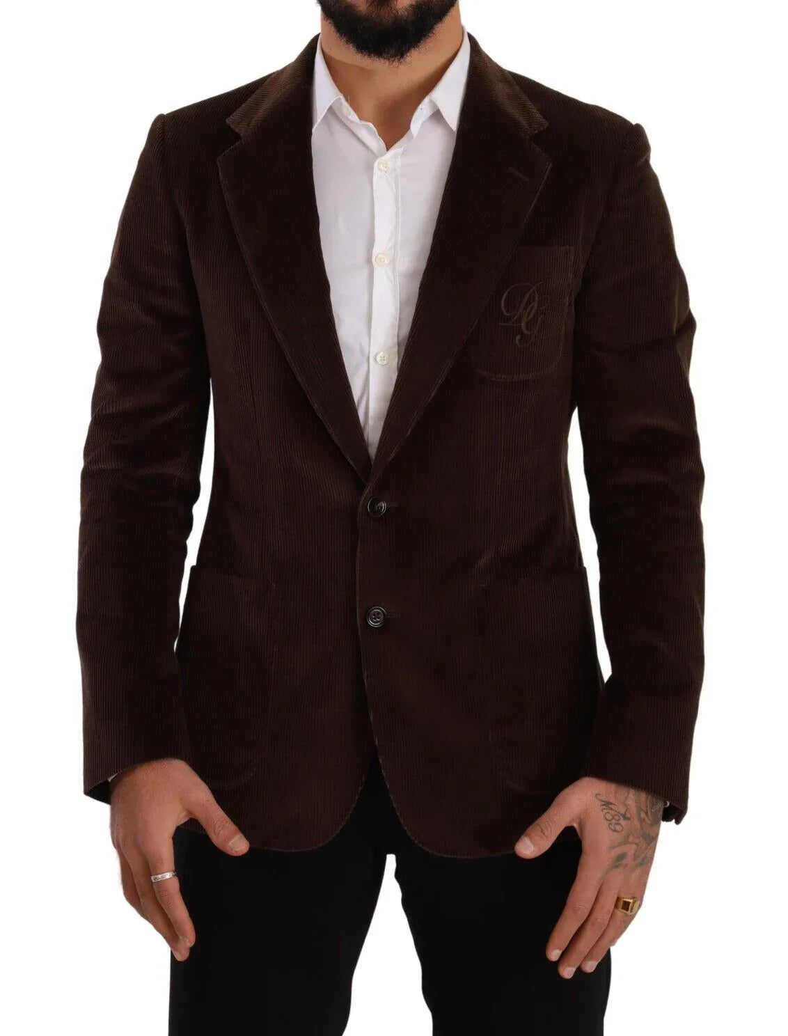 Dolce & Gabbana Brown Corduroy Slim Fit Coat DG Logo Blazer - Zeiniez