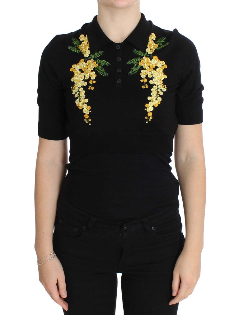 Dolce & Gabbana Black Silk Floral Embroidered Polo Top Dolce & Gabbana