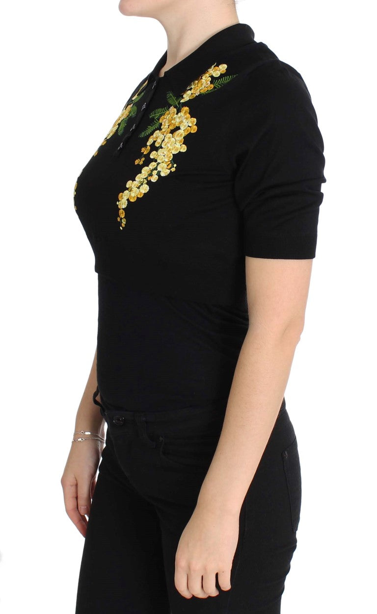Dolce & Gabbana Black Silk Floral Embroidered Polo Top Dolce & Gabbana