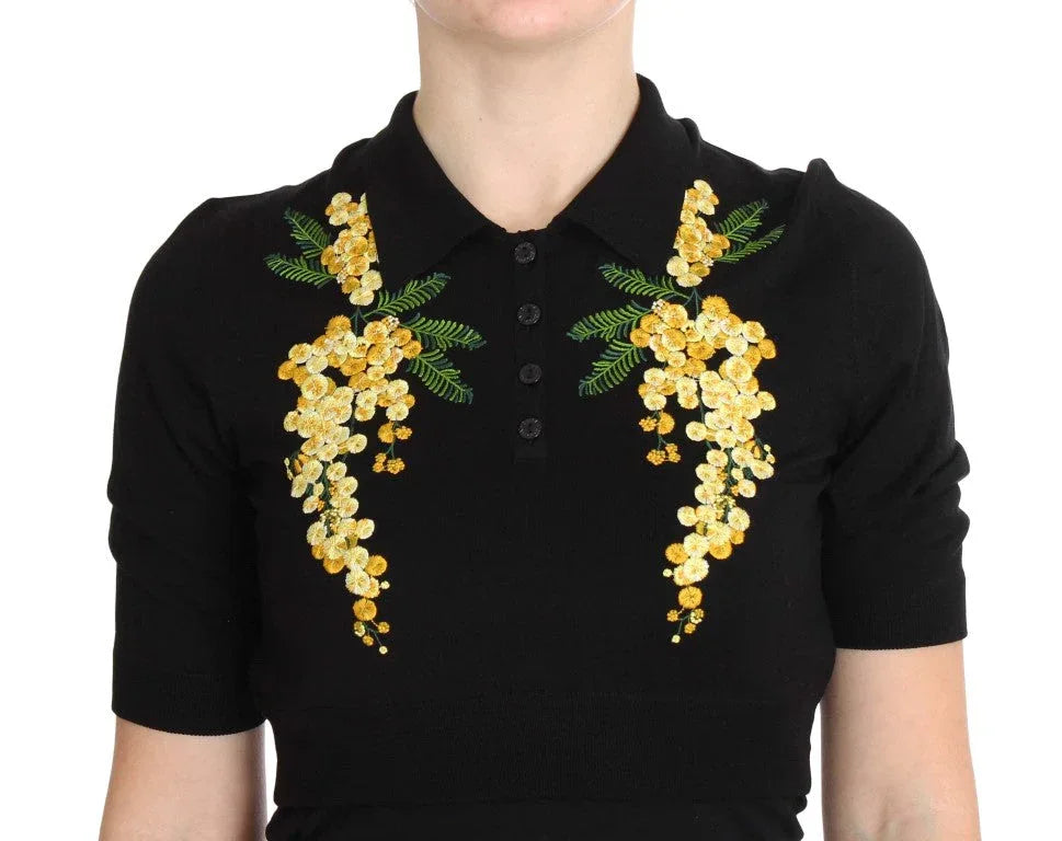 Dolce & Gabbana Black Silk Floral Embroidered Polo Top - Zeiniez