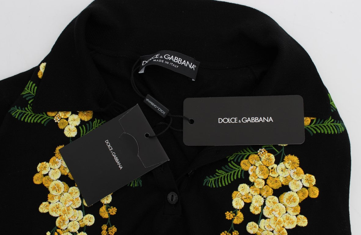 Dolce & Gabbana Black Silk Floral Embroidered Polo Top Dolce & Gabbana