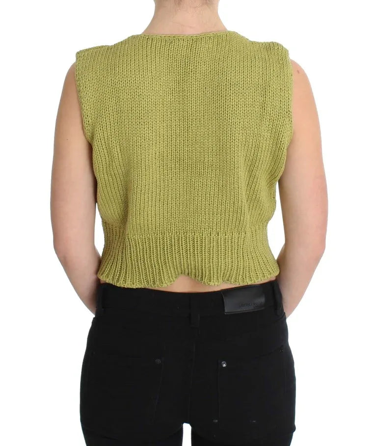 PINK MEMORIES Green Cotton Blend Knitted Sleeveless Sweater - Zeiniez