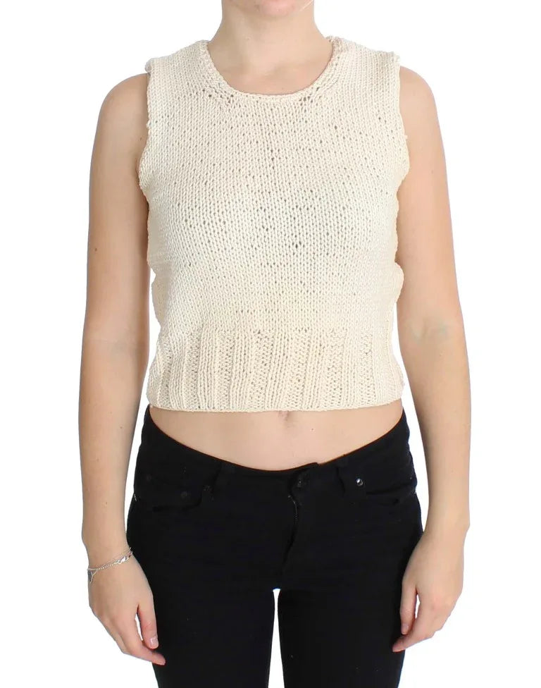 PINK MEMORIES Beige Cotton Blend Knitted Sleeveless Sweater - Zeiniez