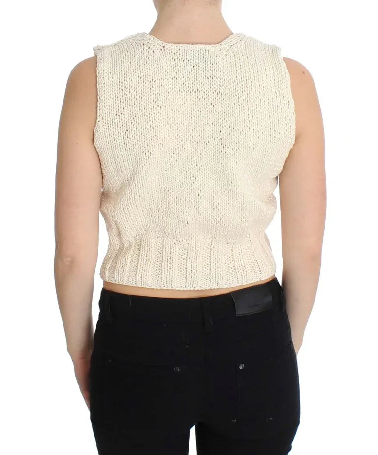 PINK MEMORIES Beige Cotton Blend Knitted Sleeveless Sweater - Zeiniez