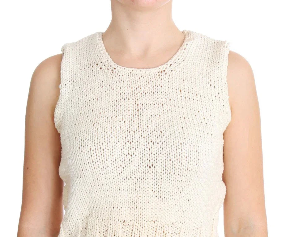 PINK MEMORIES Beige Cotton Blend Knitted Sleeveless Sweater - Zeiniez