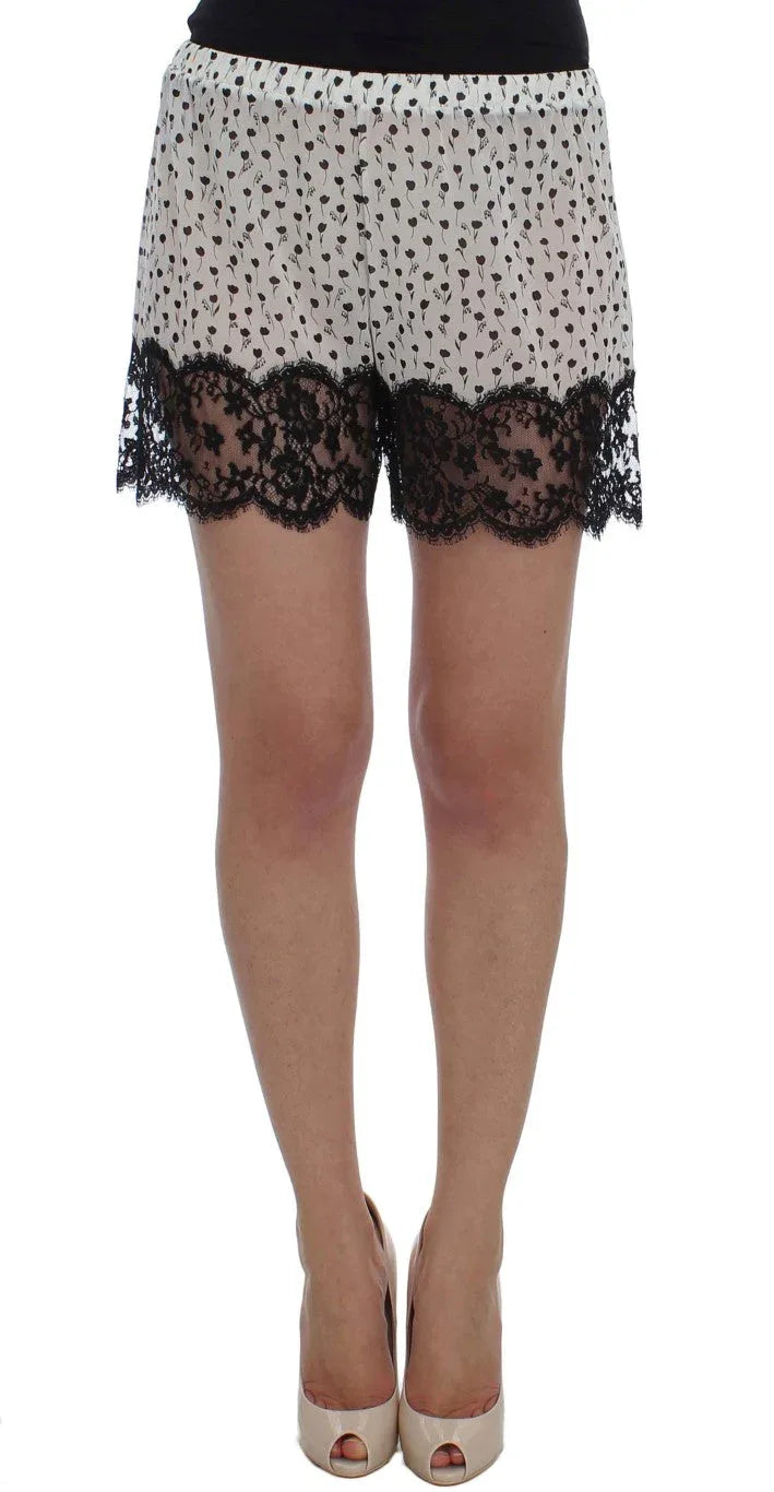 Dolce & Gabbana White Black Floral Lace Silk Sleepwear Shorts - Zeiniez