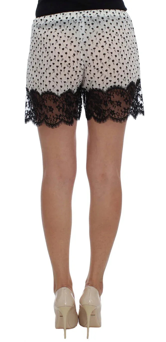 Dolce & Gabbana White Black Floral Lace Silk Sleepwear Shorts - Zeiniez