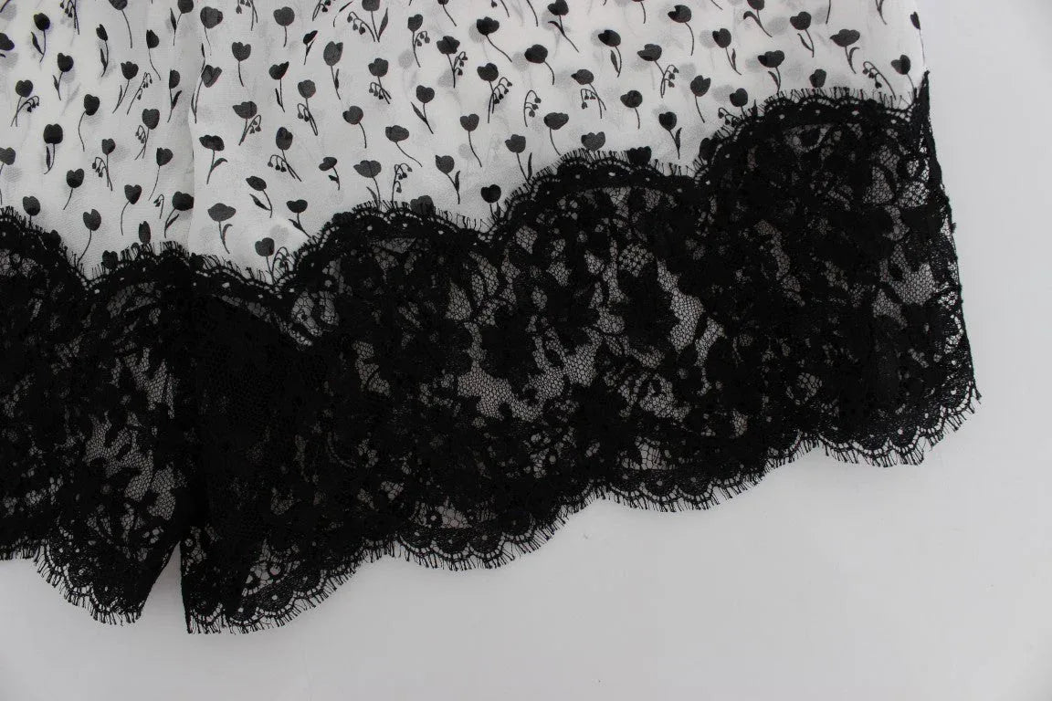 Dolce & Gabbana White Black Floral Lace Silk Sleepwear Shorts - Zeiniez