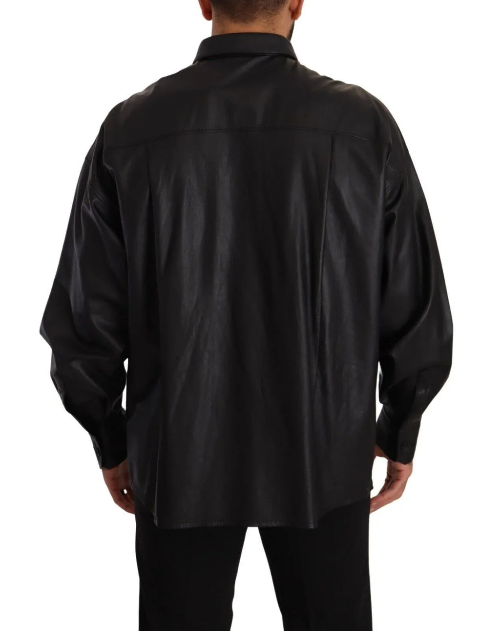 Dolce & Gabbana Black Leather Button Down Men Collared Jacket - Zeiniez