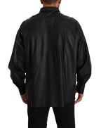 Dolce & Gabbana Black Leather Button Down Men Collared Jacket - Zeiniez