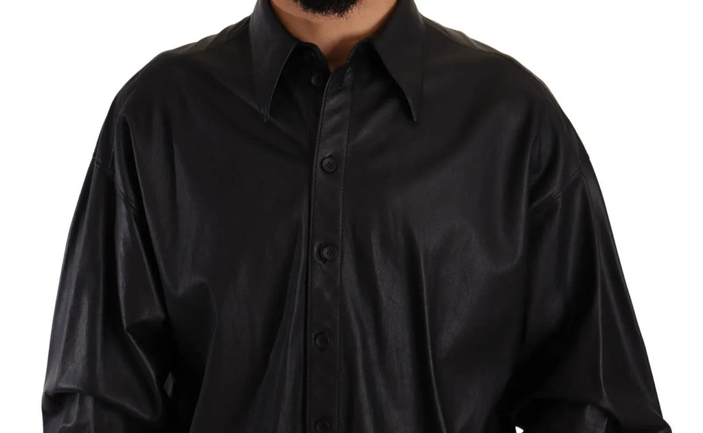 Dolce & Gabbana Black Leather Button Down Men Collared Jacket - Zeiniez