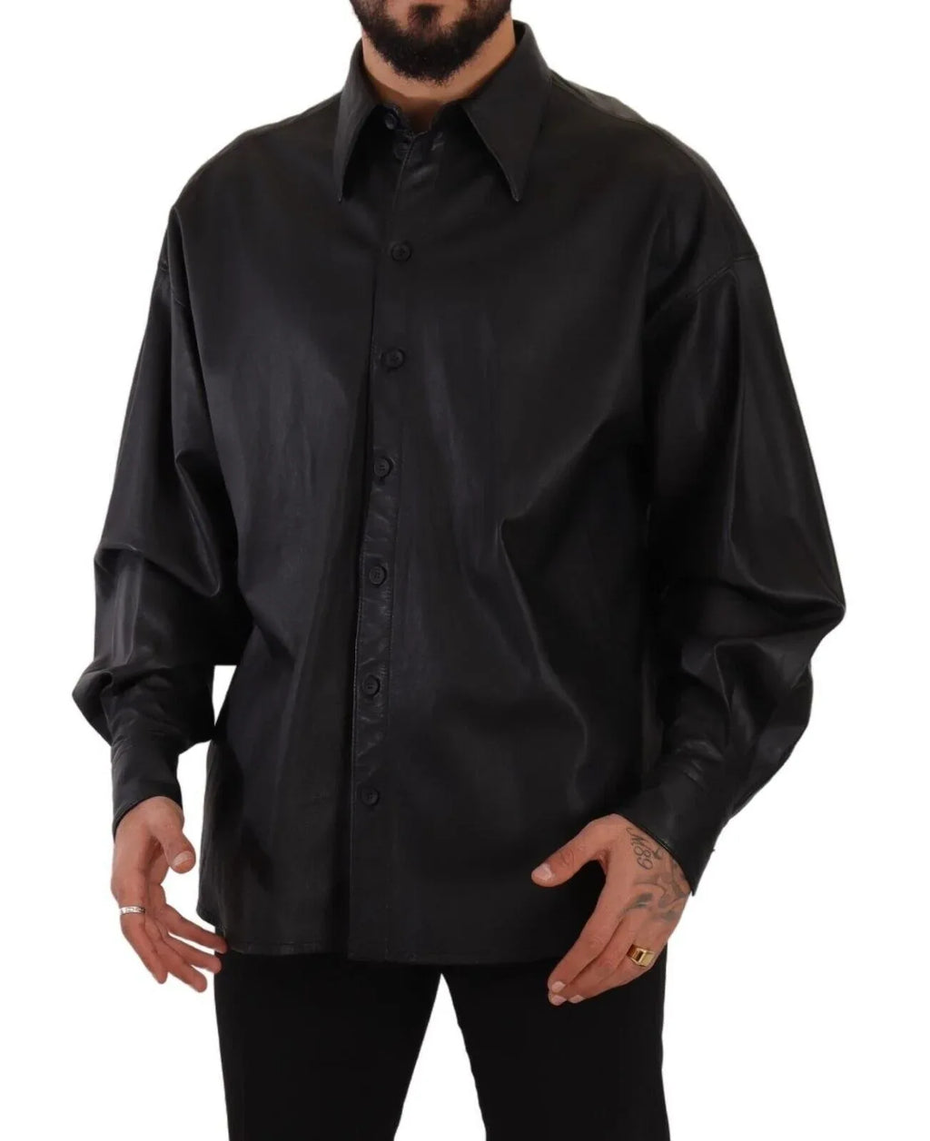 Dolce & Gabbana Black Leather Button Down Men Collared Jacket - Zeiniez