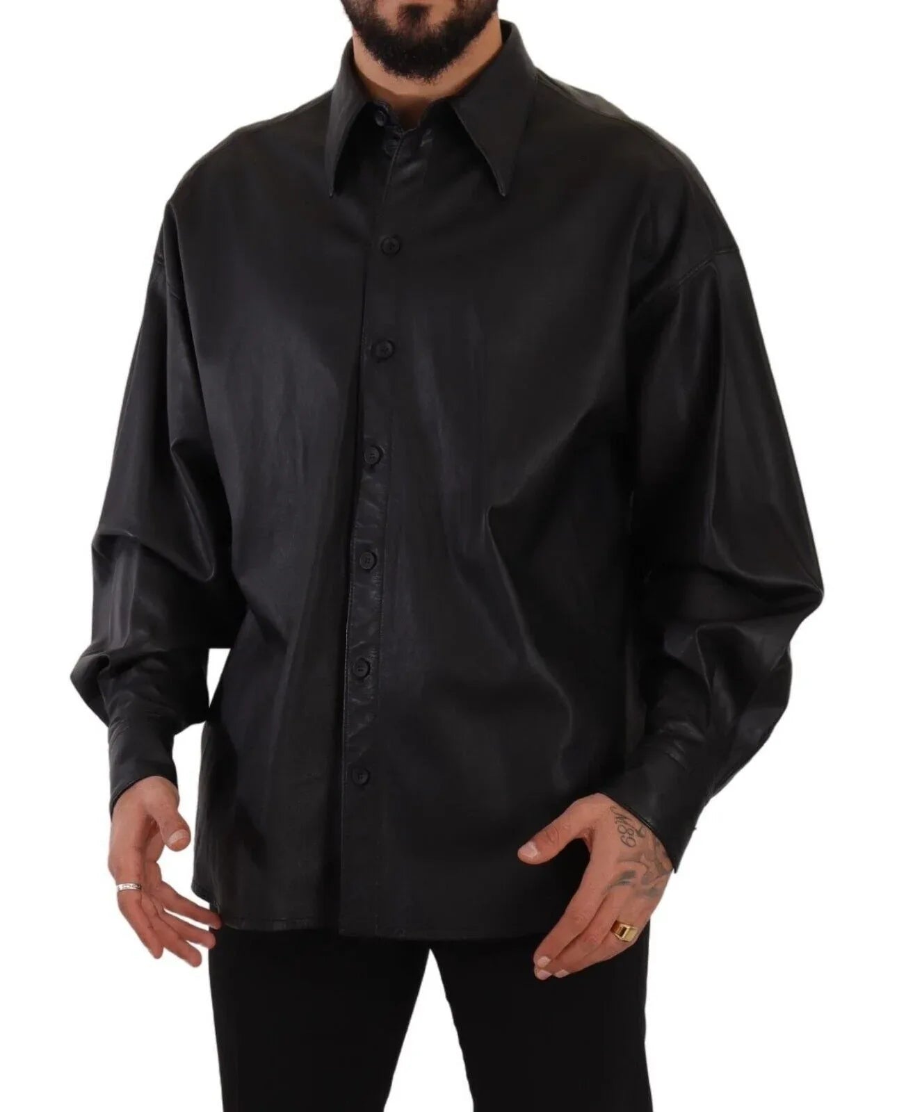 Dolce & Gabbana Black Leather Button Down Men Collared Jacket - Zeiniez