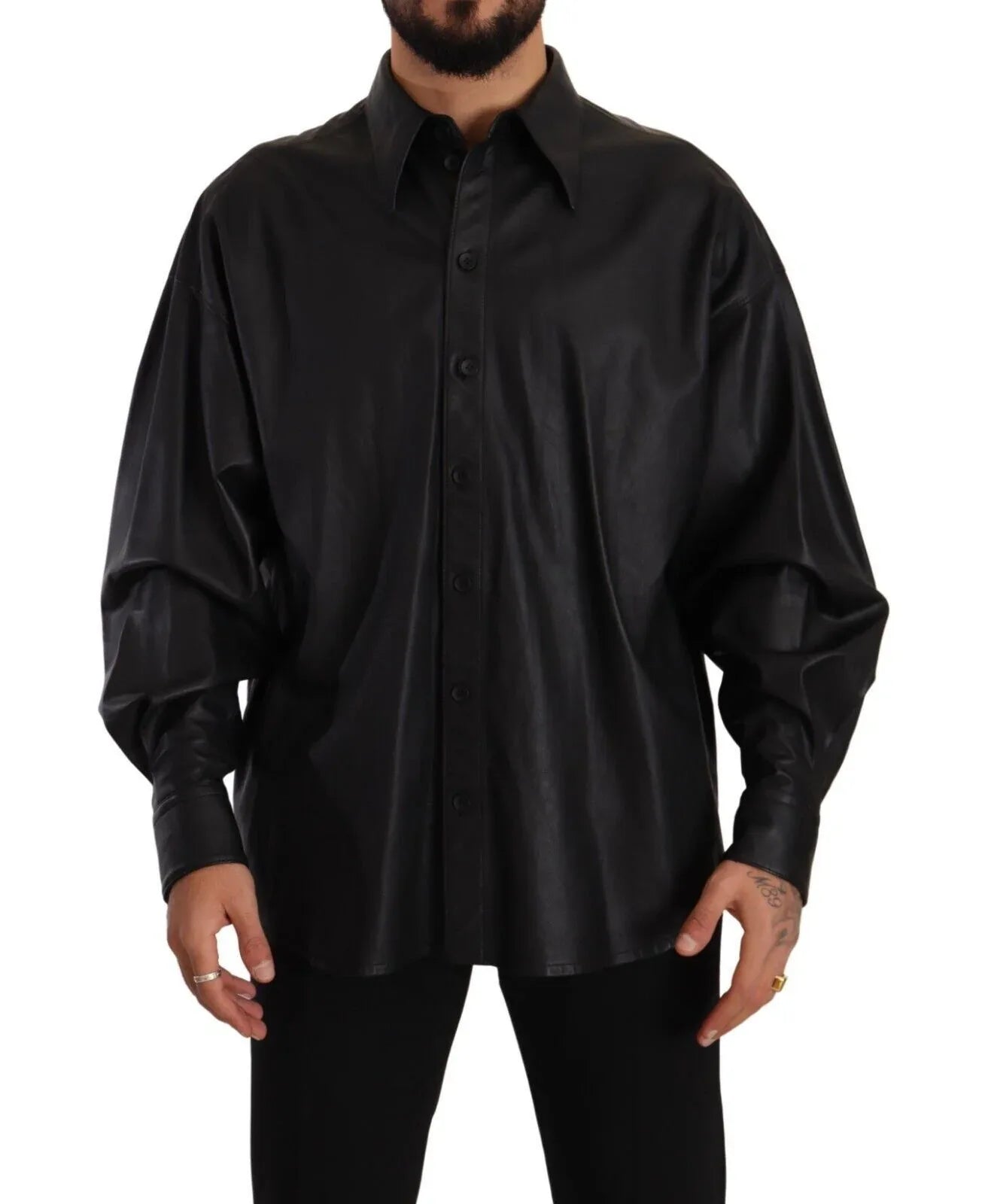 Dolce & Gabbana Black Leather Button Down Men Collared Jacket - Zeiniez