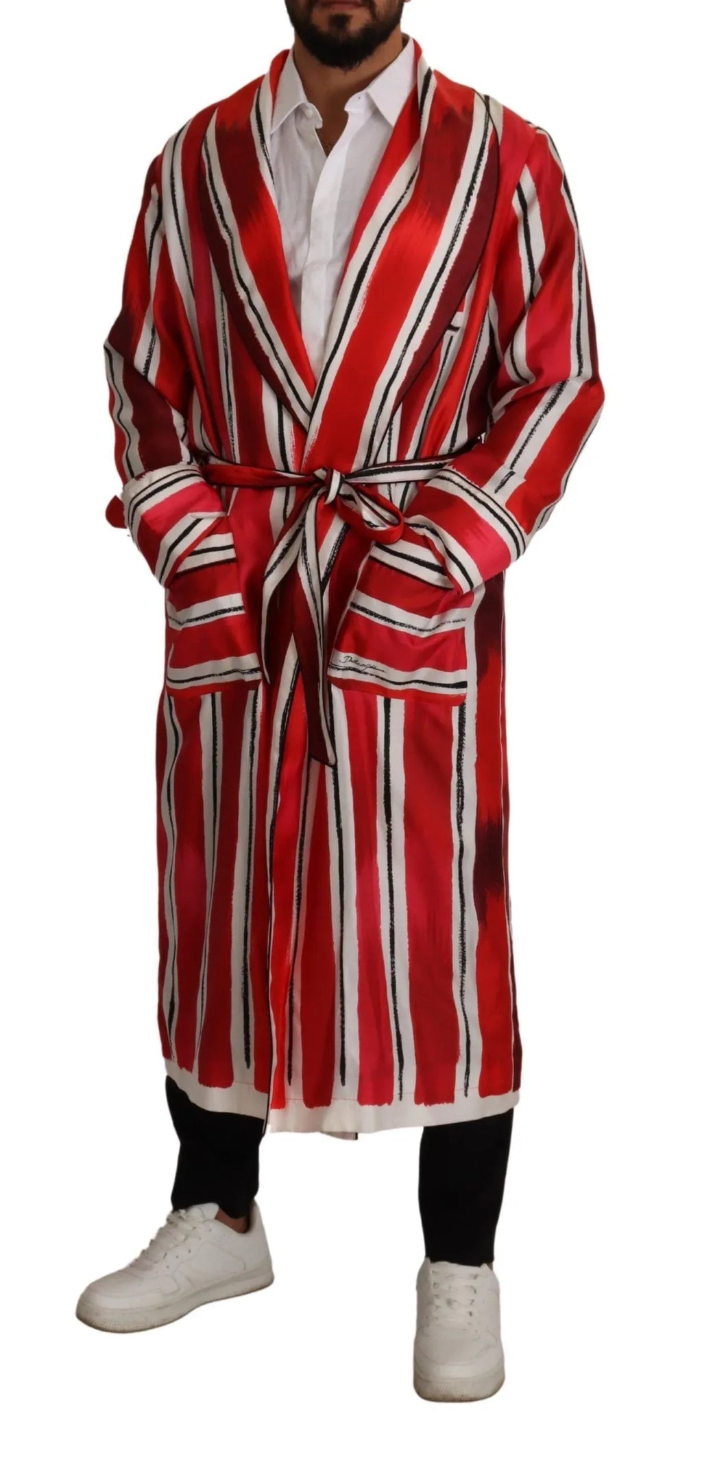 Dolce & Gabbana Red White Striped Silk Mens Night Gown Robe - Zeiniez
