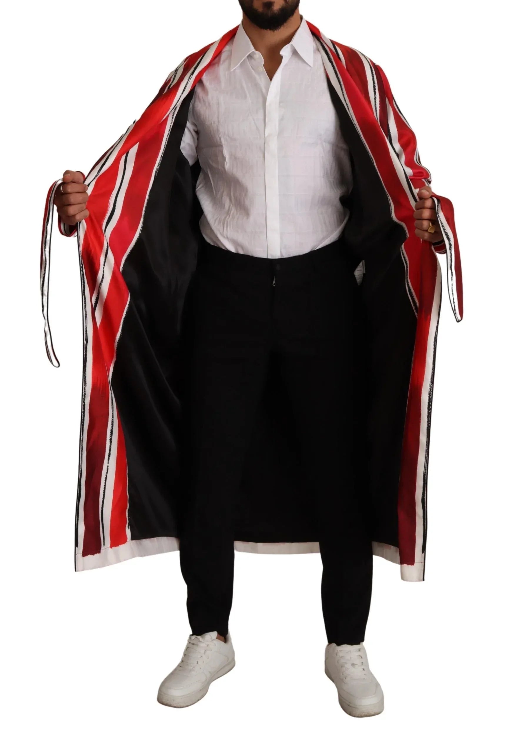 Dolce & Gabbana Red White Striped Silk Mens Night Gown Robe - Zeiniez