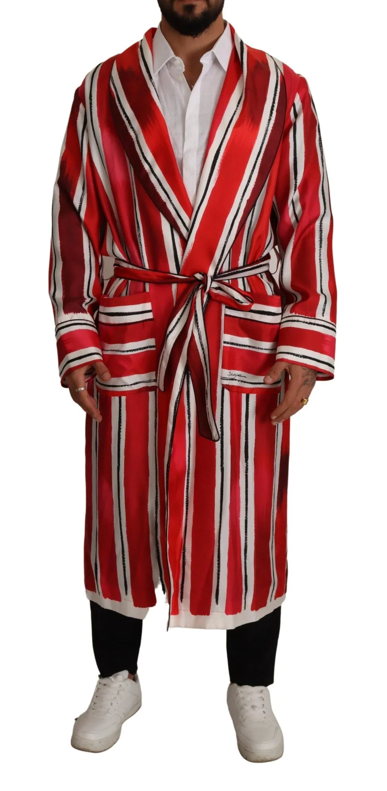 Dolce & Gabbana Red White Striped Silk Mens Night Gown Robe - Zeiniez