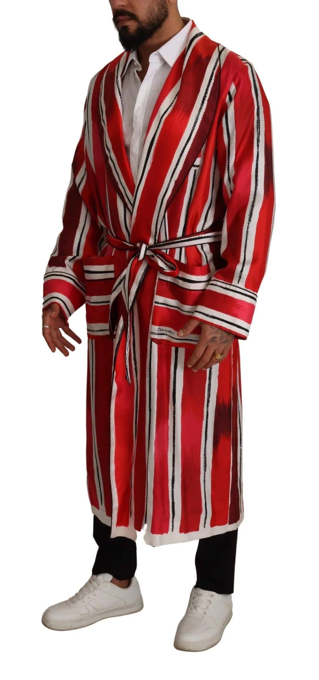 Dolce & Gabbana Red White Striped Silk Mens Night Gown Robe - Zeiniez