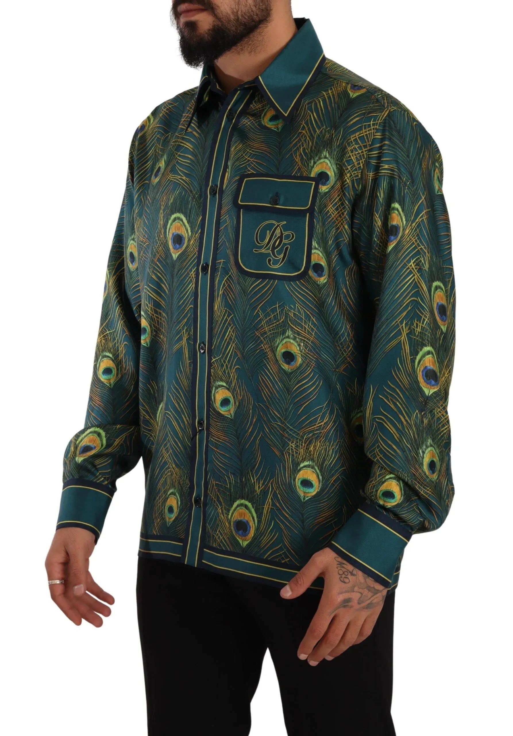 Dolce & Gabbana Peacock Feather Print Silk Pajama Mens Shirt - Zeiniez