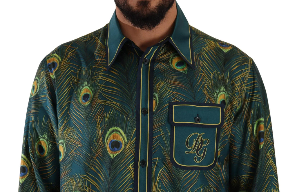 Dolce & Gabbana Peacock Feather Print Silk Pajama Mens Shirt - Zeiniez