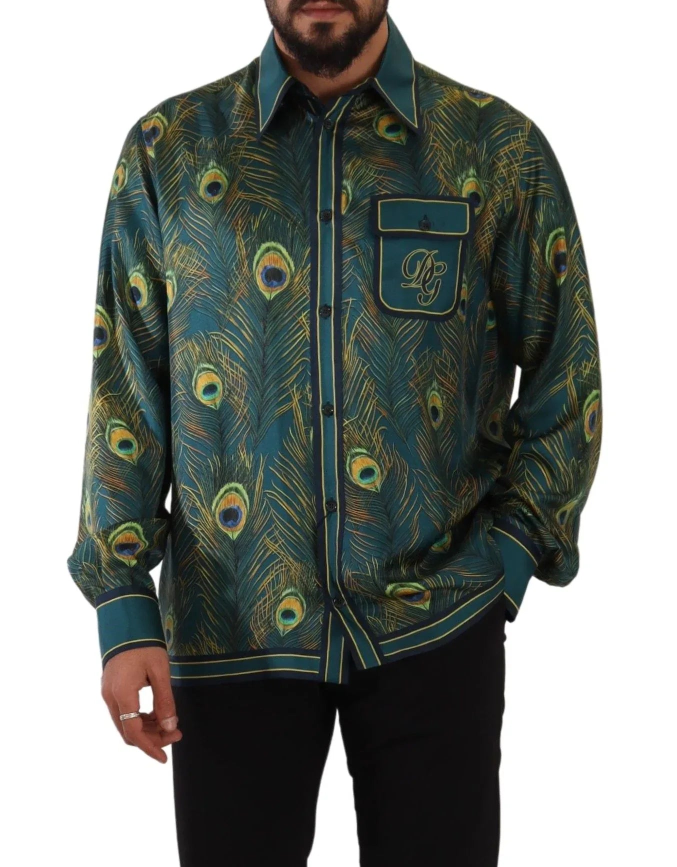 Dolce & Gabbana Peacock Feather Print Silk Pajama Mens Shirt - Zeiniez