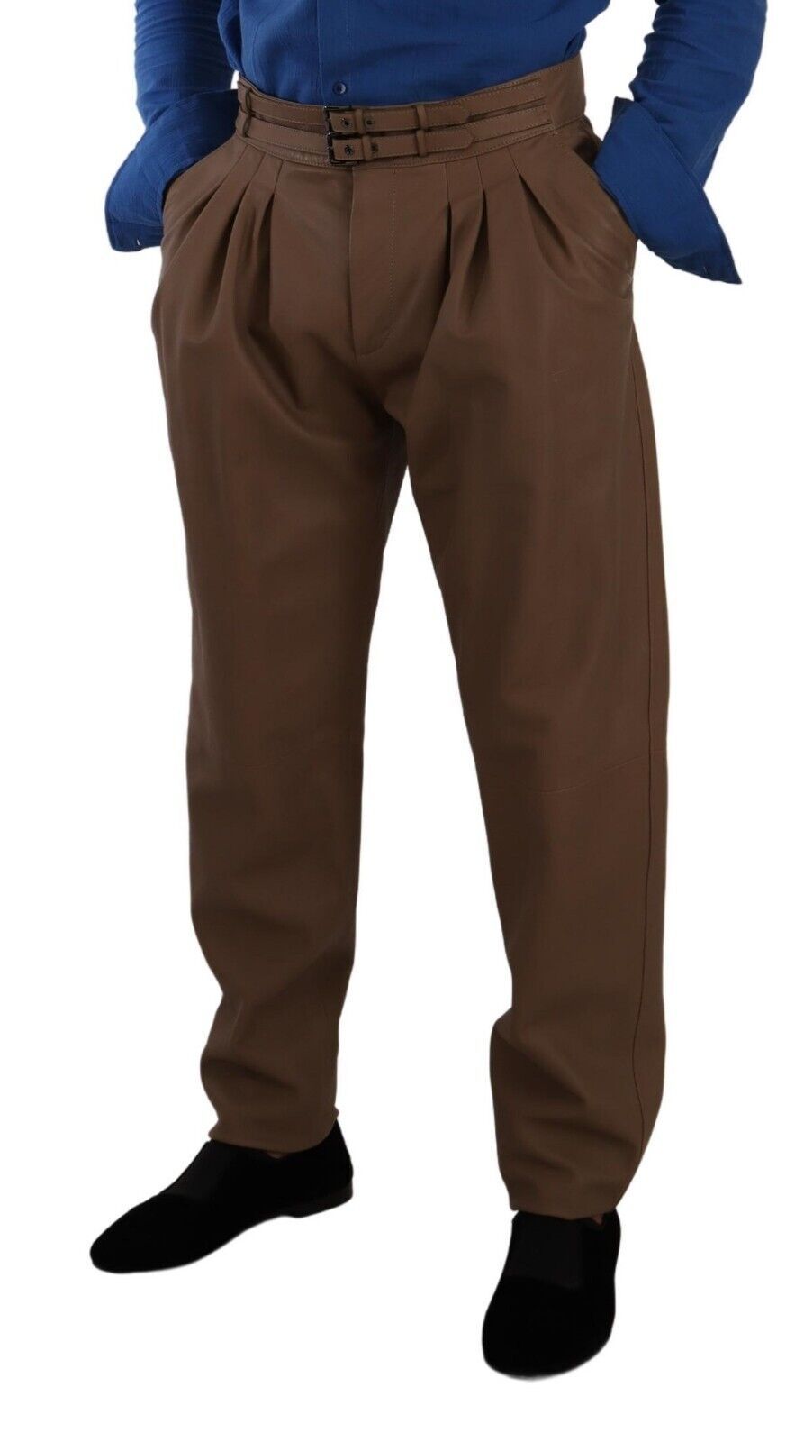 Dolce & Gabbana Brown Leather Tapered High Waist Pants - Zeiniez