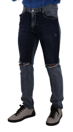 Dolce & Gabbana Blue Two Tone Tattered Cotton Slim Denim Jeans - Zeiniez