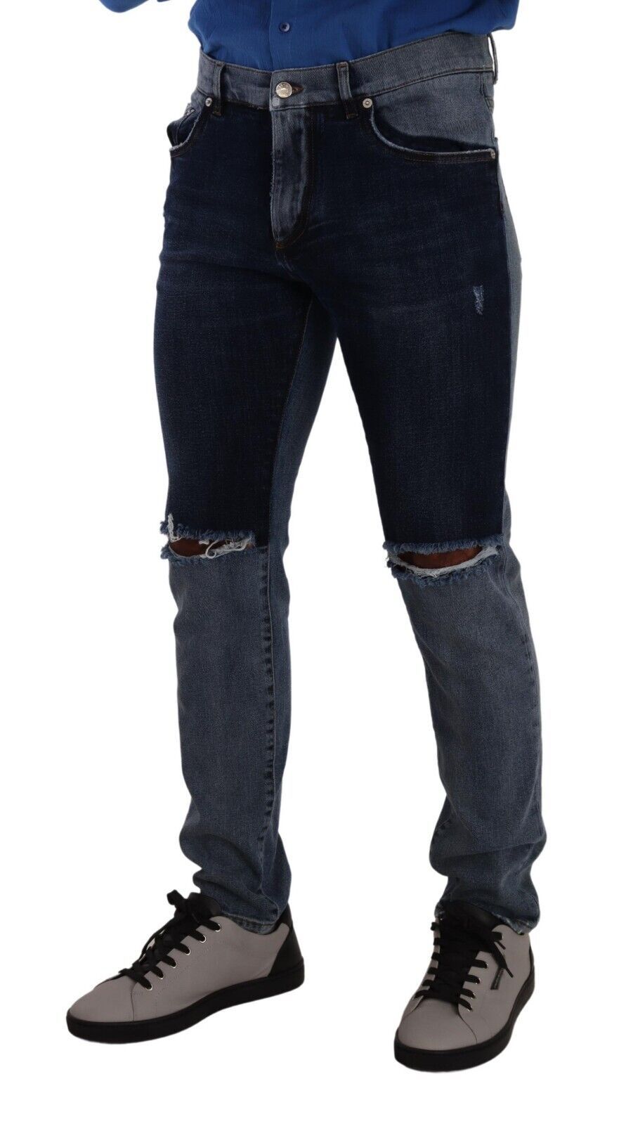 Dolce & Gabbana Blue Two Tone Tattered Cotton Slim Denim Jeans - Zeiniez