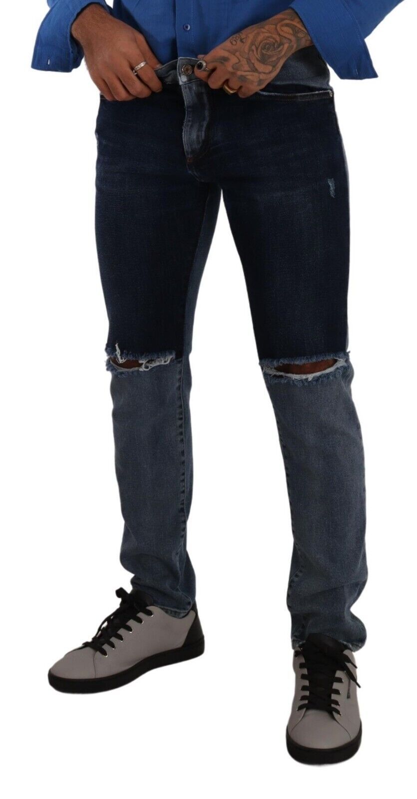 Dolce & Gabbana Blue Two Tone Tattered Cotton Slim Denim Jeans - Zeiniez
