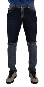 Dolce & Gabbana Blue Two Tone Tattered Cotton Slim Denim Jeans - Zeiniez